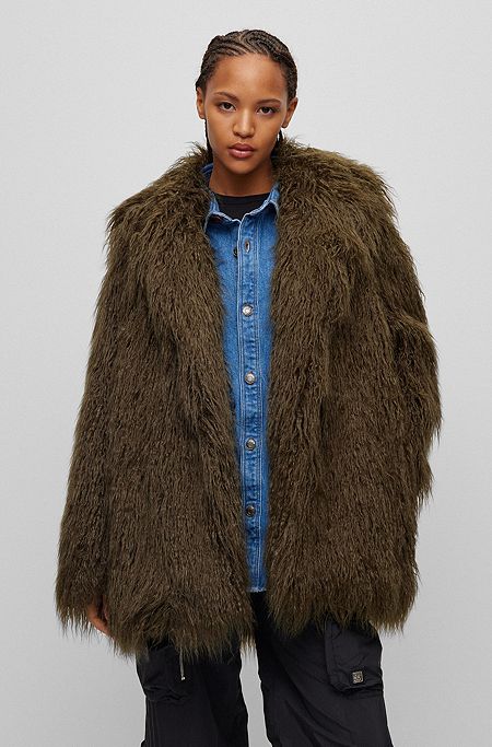 Oversize-fit coat in faux fur with full lining, Dark Green