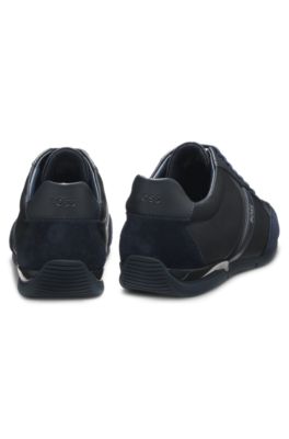 Baskets en m&eacute;lange de mati&egrave;res avec similicuir et cuir su&eacute;d&eacute;, Bleu fonc&eacute;