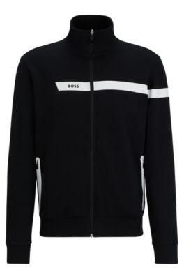 Shop Hugo Boss Cotton-blend Zip-up Sweatshirt With Graphic Logo Stripe In Black