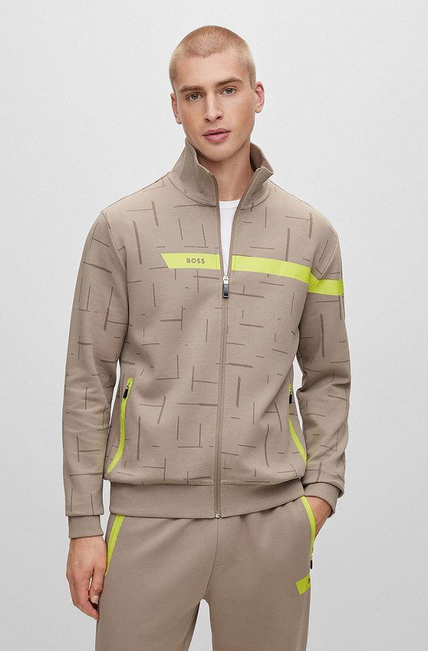 Cotton-blend zip-up sweatshirt with graphic logo stripe, Light Green