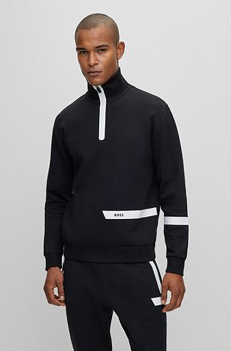 Cotton-blend zip-neck sweatshirt with logo stripe, Black