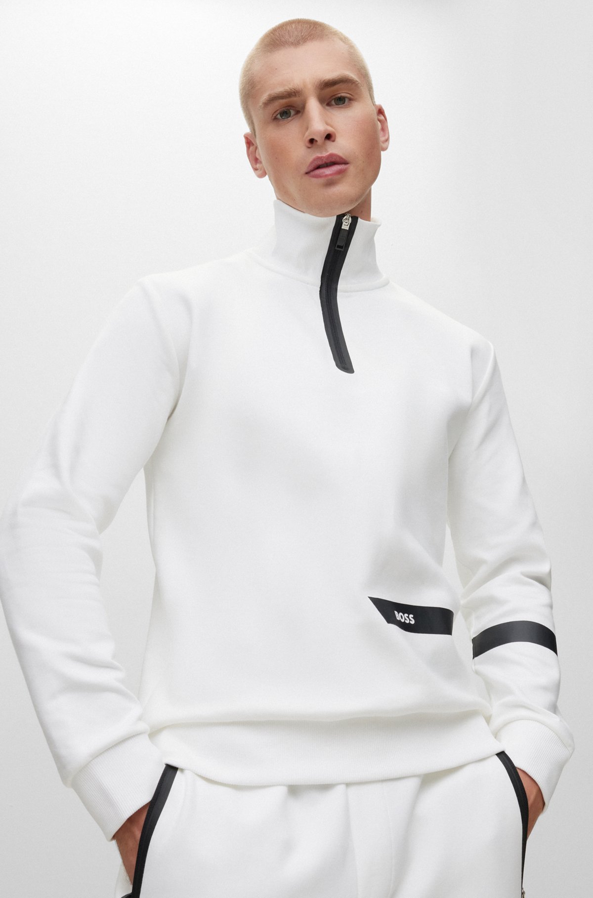 BOSS - Cotton-blend zip-neck sweatshirt with logo stripe