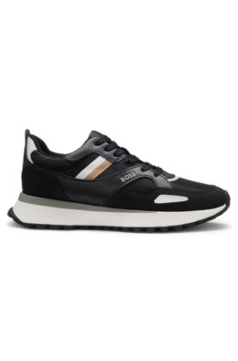 Mixed-material trainers with leather and mesh, Black