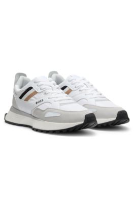 Mixed-material trainers with leather and mesh, White