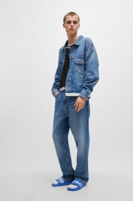 Slip-on slides with branded upper strap, Light Blue