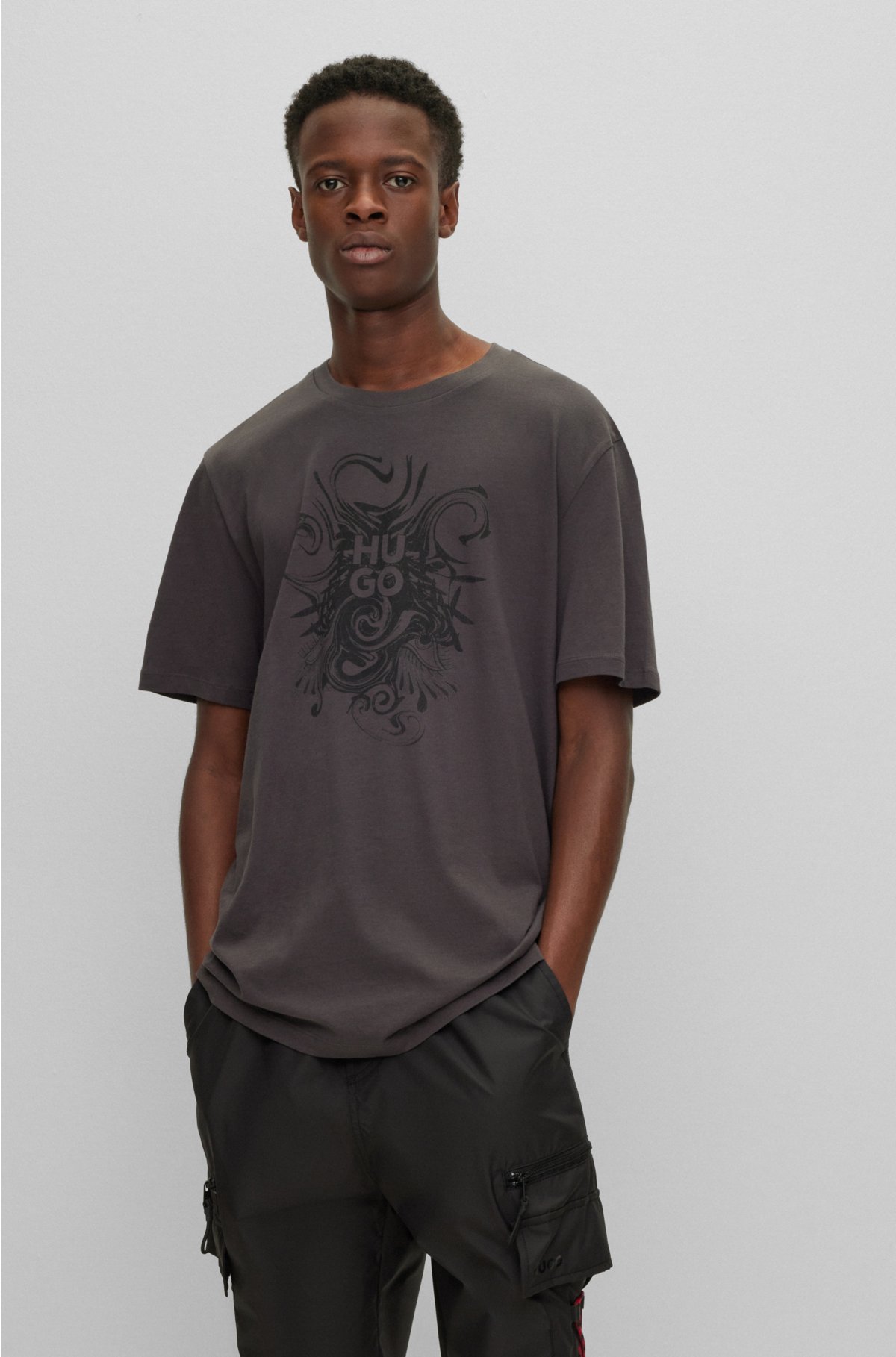 Hugo Men's Cotton-jersey T-Shirt with stacked-logo Artwork - Dark Grey - Size Xs