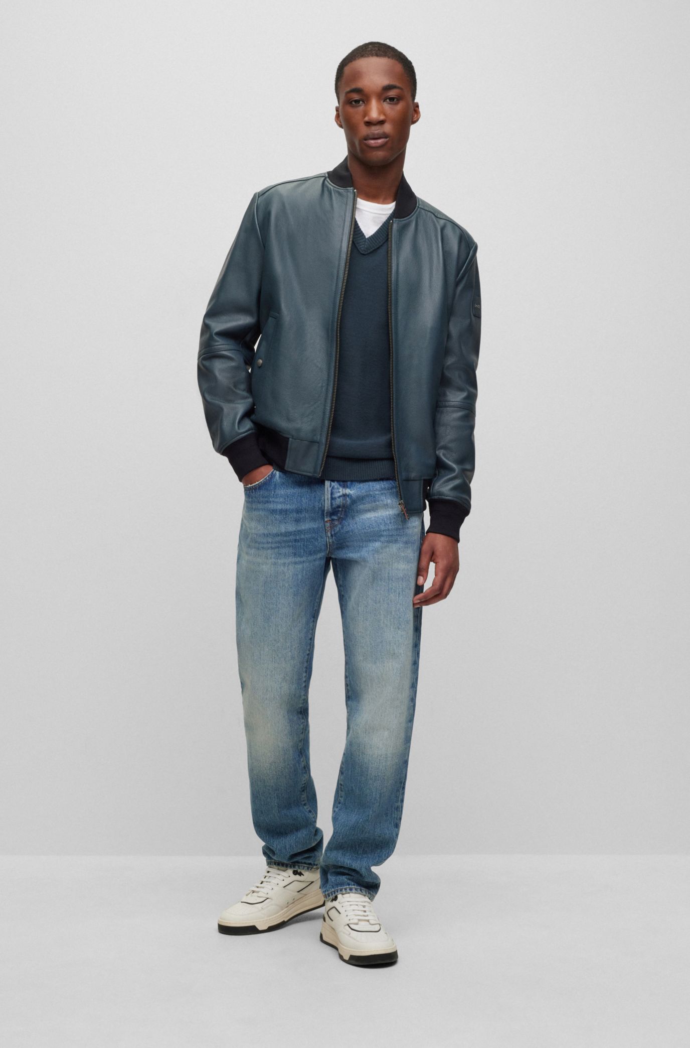 BOSS - Regular-fit jacket in textured soft-touch leather