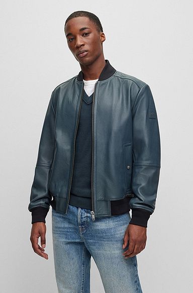 Regular-fit jacket in textured soft-touch leather, Light Green