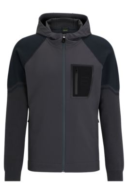 Shop Hugo Boss Mixed-material Hooded Jacket With Signature Pocket In Dark Grey