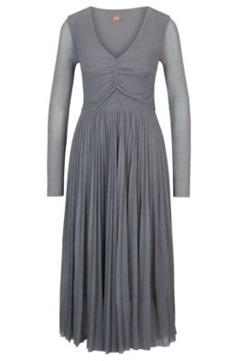 Hugo Boss Long-sleeved Dress In Pliss Tulle With Seasonal Print In Silver