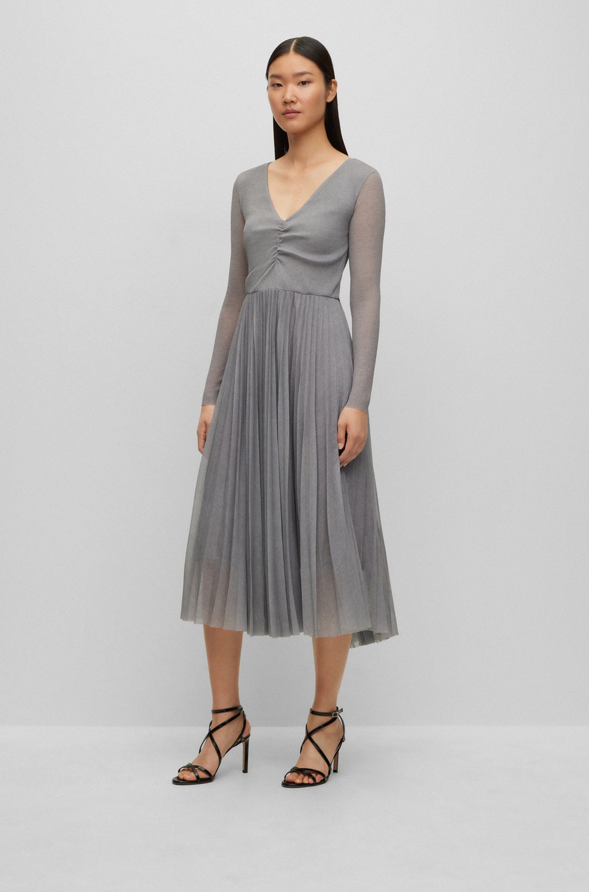 Long-sleeved dress in plissé tulle with seasonal print, Silver