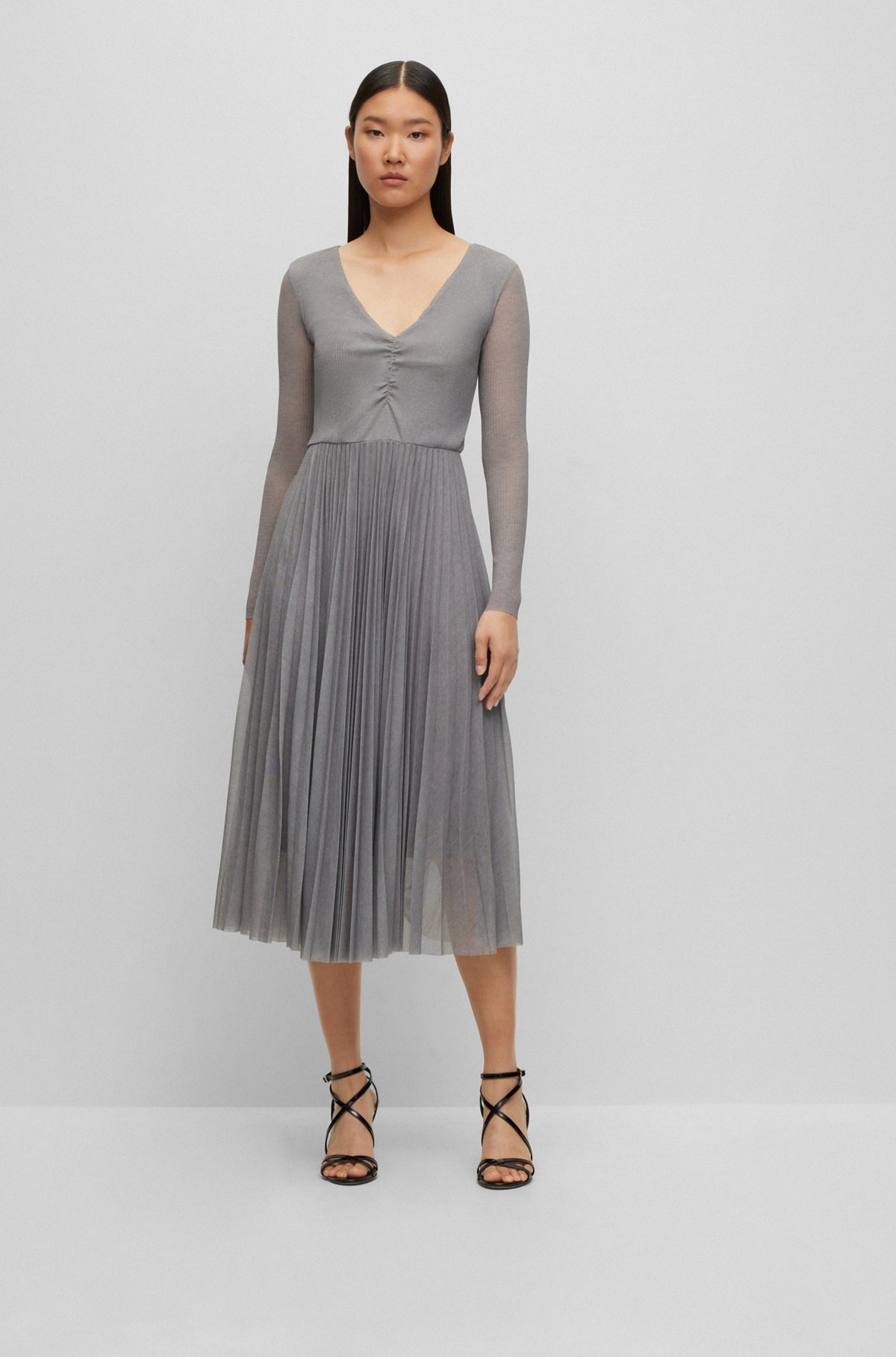 Long-sleeved dress in plissé tulle with seasonal print, Silver