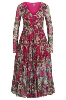 Hugo Boss Erlissi Floral Print Pleated Midi Dress In Patterned