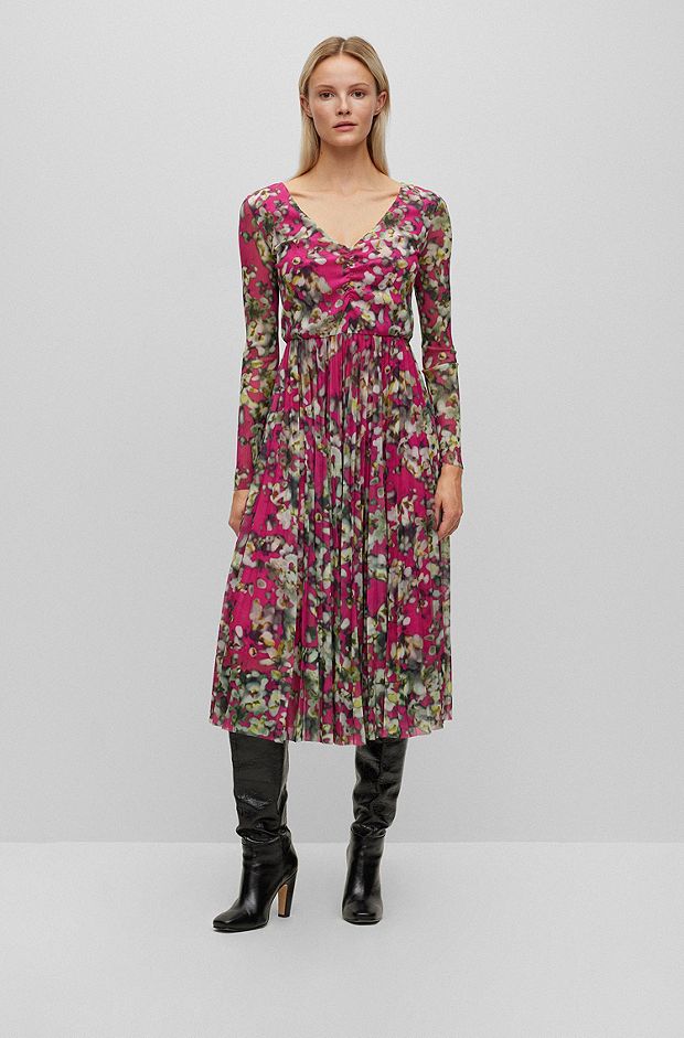 Long-sleeved dress in plissé tulle with seasonal print, Patterned