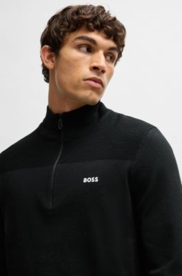 Branded zip-neck sweater in dry-flex fabric, Black