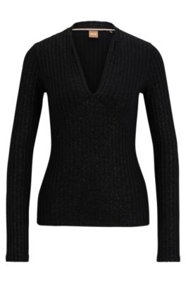 Hugo Boss Slim-fit Top In Ribbed Jersey With Glitter Print In Black