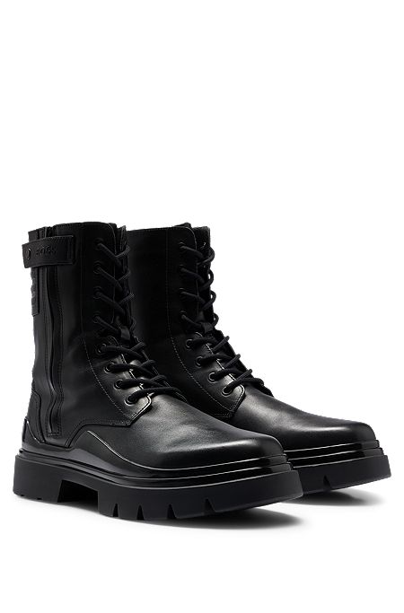 Leather lace-up boots with branded strap, Black