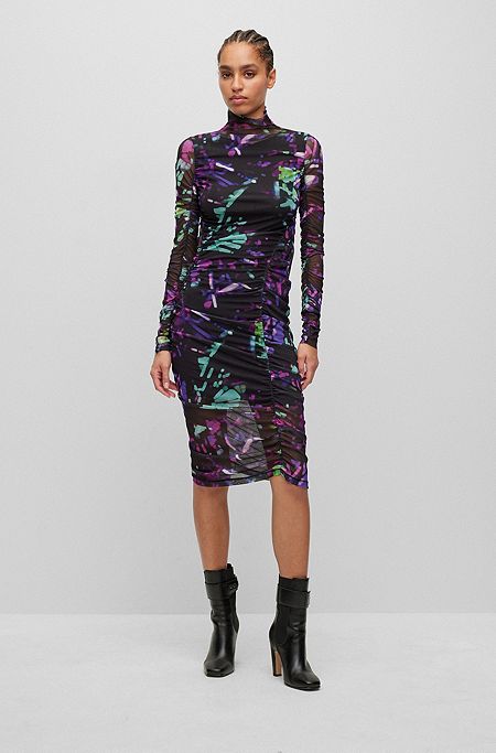 Mock-neck dress in printed tulle with gathered details, Patterned