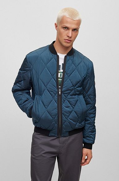 Logo-badge bomber jacket in quilted metallic-effect material, Light Green