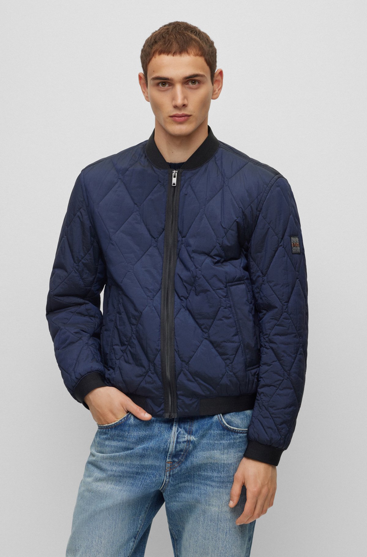 BOSS - Logo-badge bomber jacket in quilted metallic-effect material