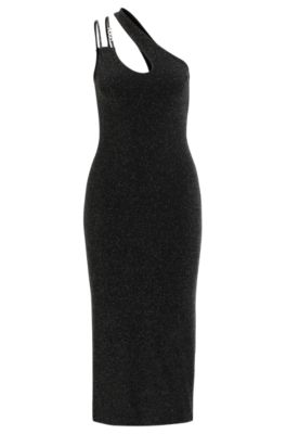 Hugo Glittery Asymmetric Midi Dress With Logo Strap In Black