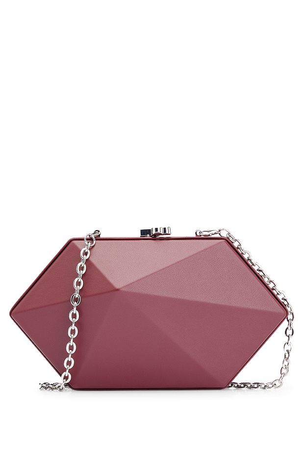 Grained-leather geometric clutch bag with chain strap, Light Red