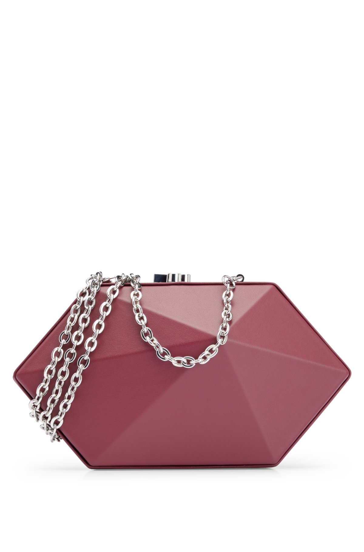 Grained-leather geometric clutch bag with chain strap