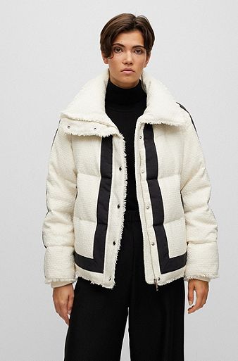 Tweed down jacket with border detail and ribbed cuffs, White