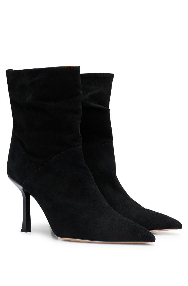 High-heeled ankle boots in suede with pointed toe, Black