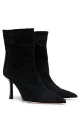 High-heeled ankle boots in suede with pointed toe, Black