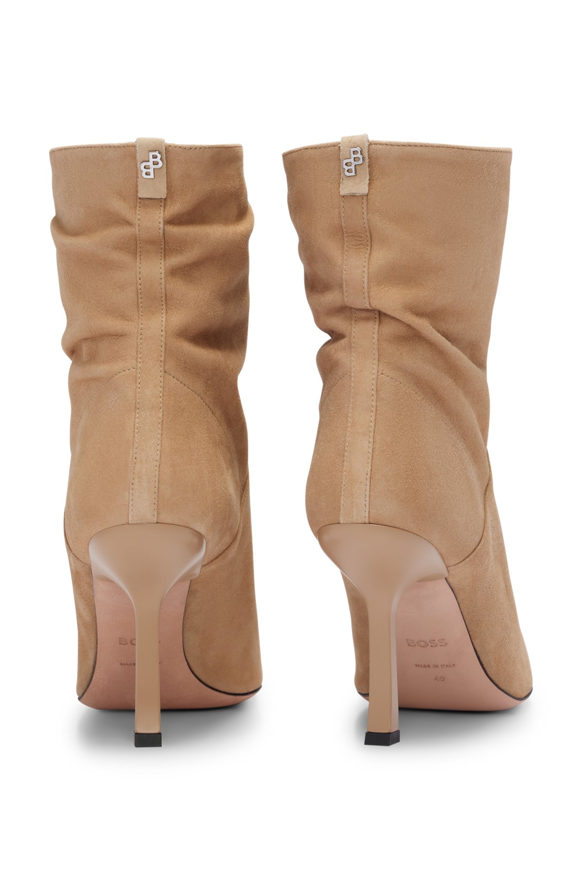 High-heeled ankle boots in suede with pointed toe, Beige