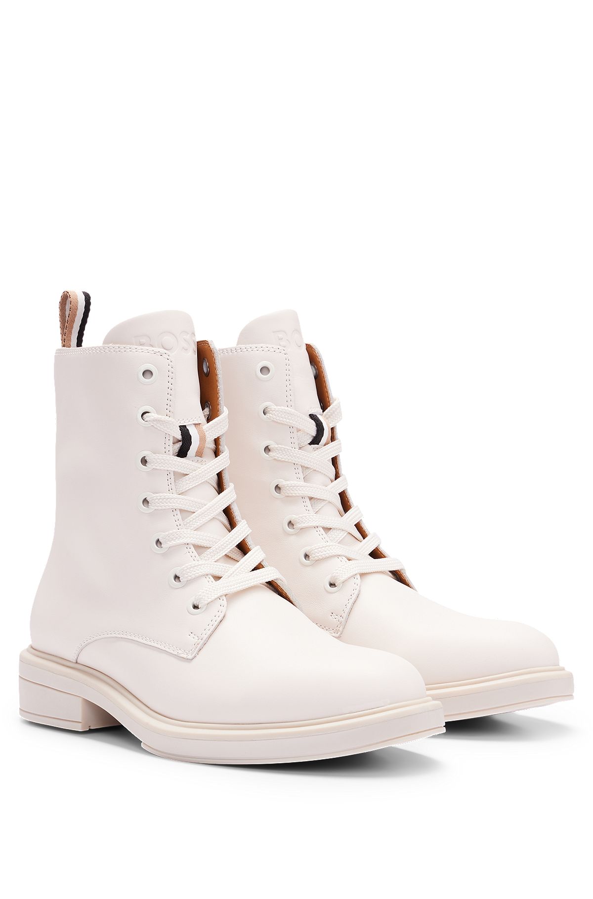 Leather lace-up boots with branded trim, White