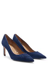 Suede pumps with slim 7cm heel and branding, Dark Blue