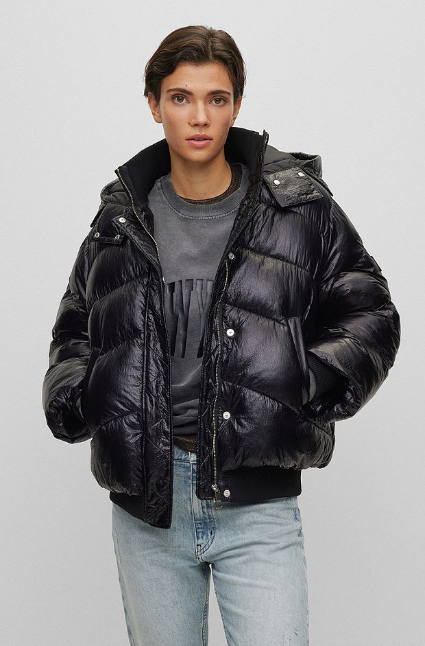 Hooded puffer jacket with metallic effect, Black