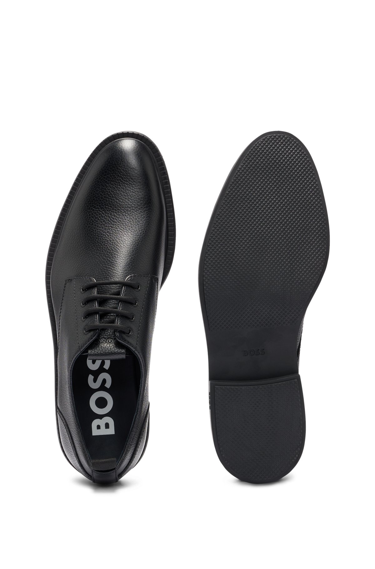 BOSS - Grained-leather Derby shoes with signature-stripe tape