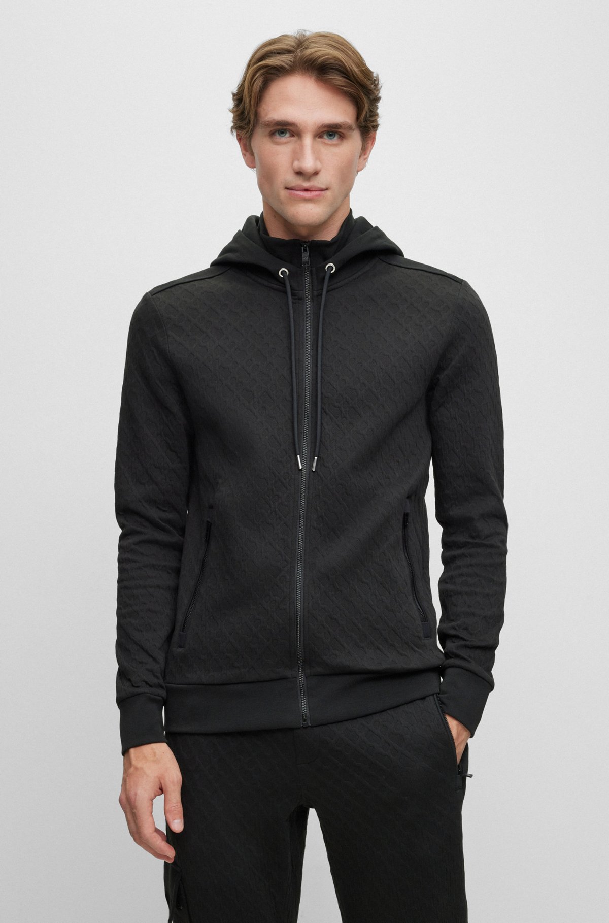 BOSS - Cotton zip-up hoodie with monogram jacquard - Black BOSS - Cotton zip-up hoodie with monogram jacquard - Black