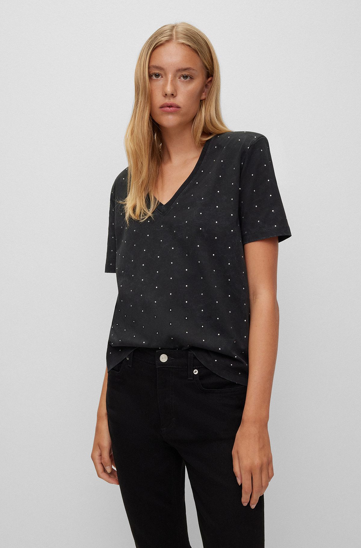 Slim-fit acid-washed T-shirt with crystal studs, Black