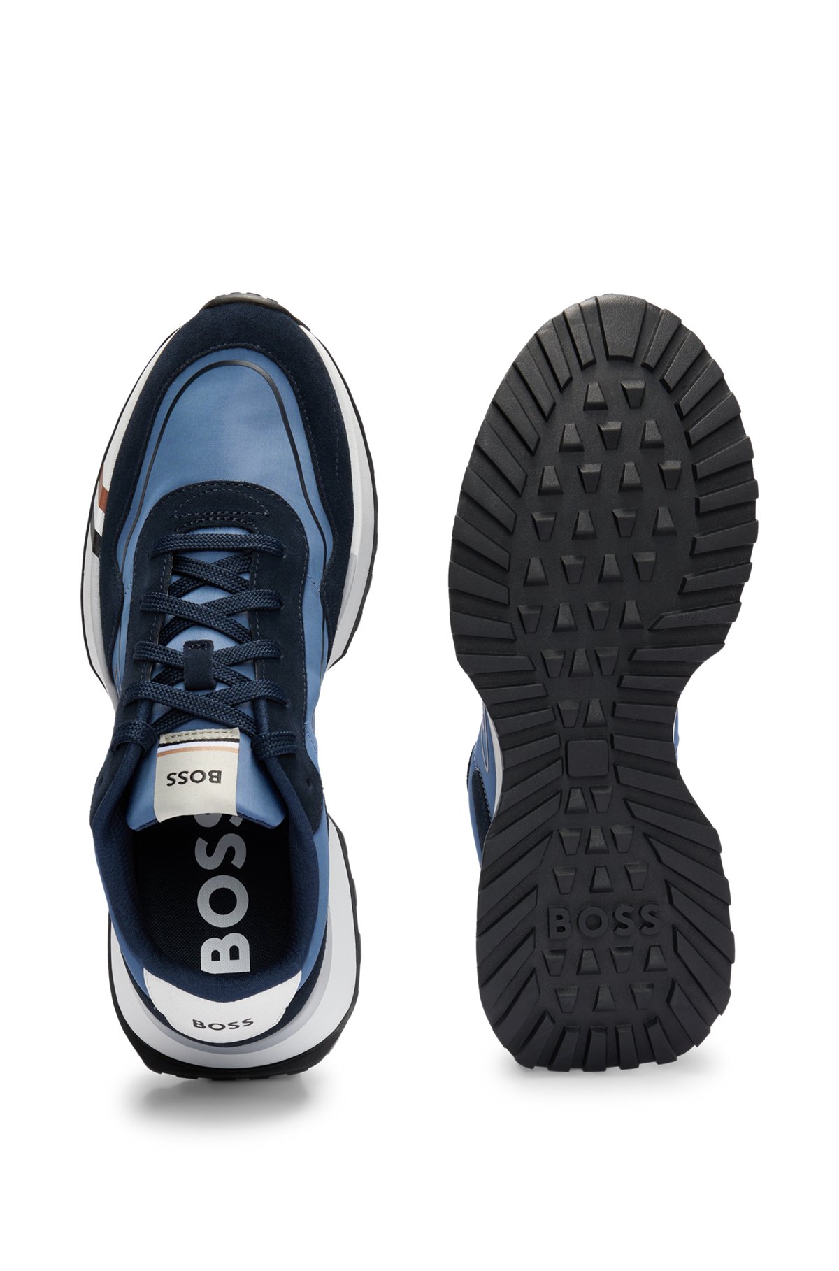 Mixed-material trainers with signature-stripe detail, Dark Blue