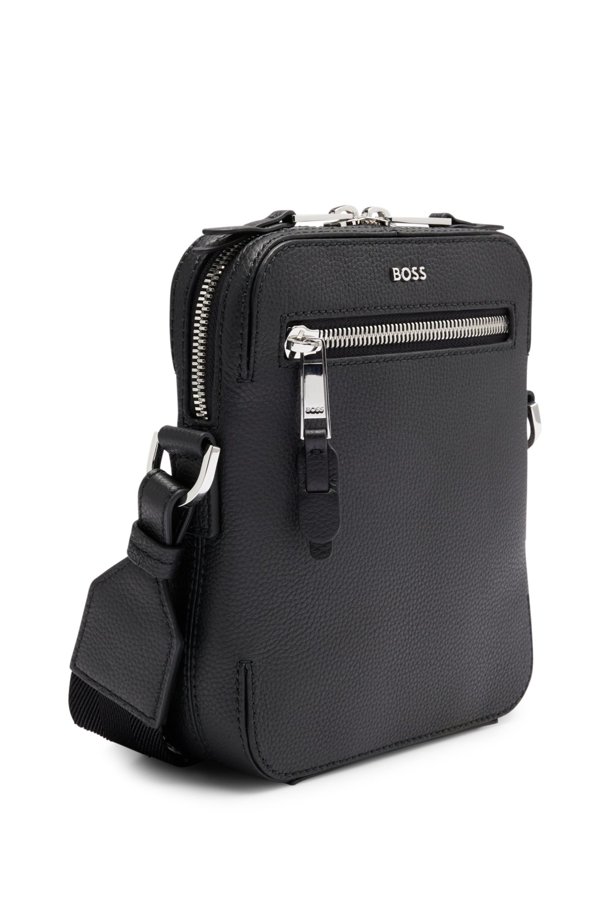 BOSS - Grained-leather reporter bag with metal logo lettering