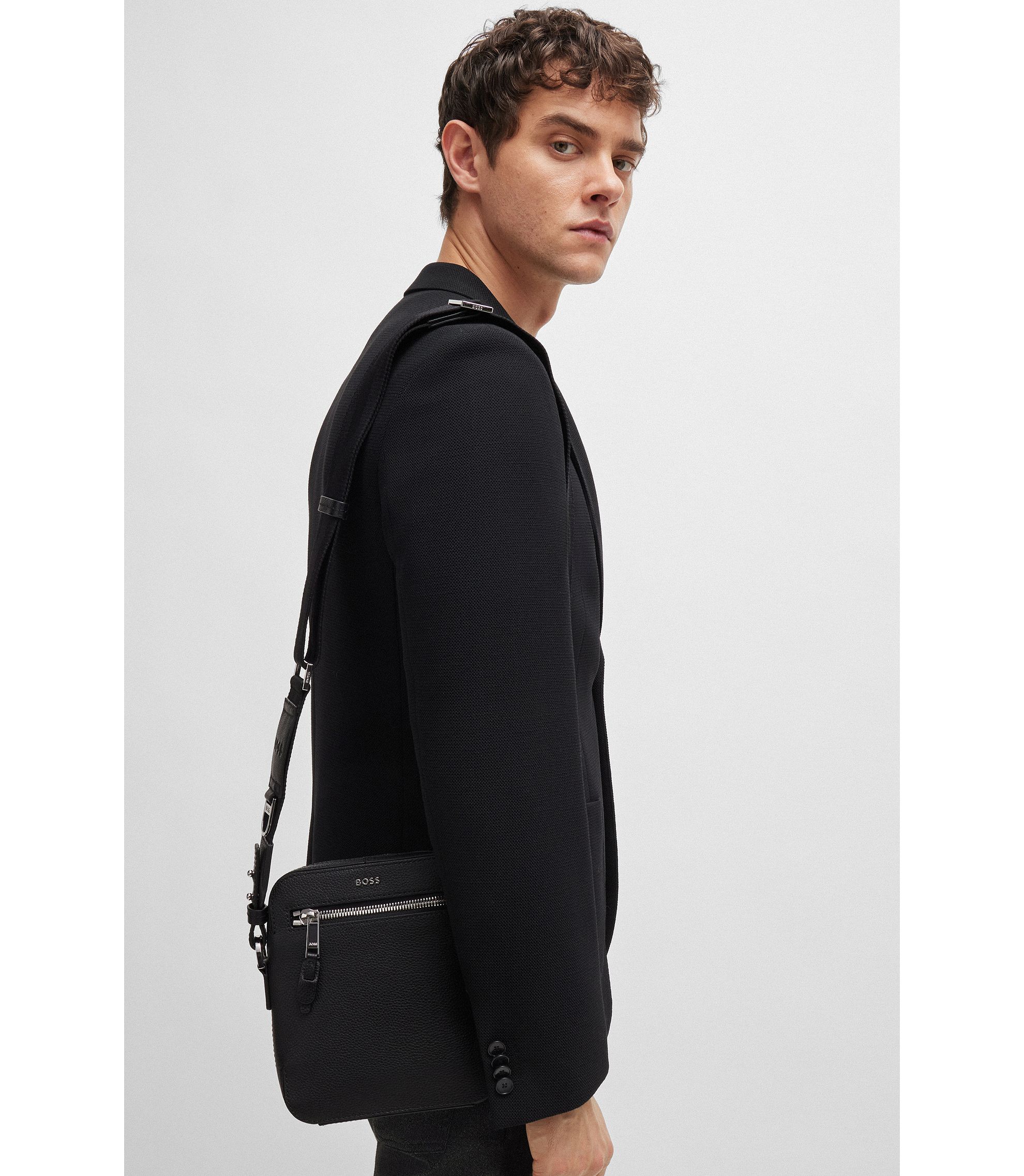 BOSS - Grained-leather reporter bag with metal logo BOSS - Grained-leather reporter bag with metal logo
