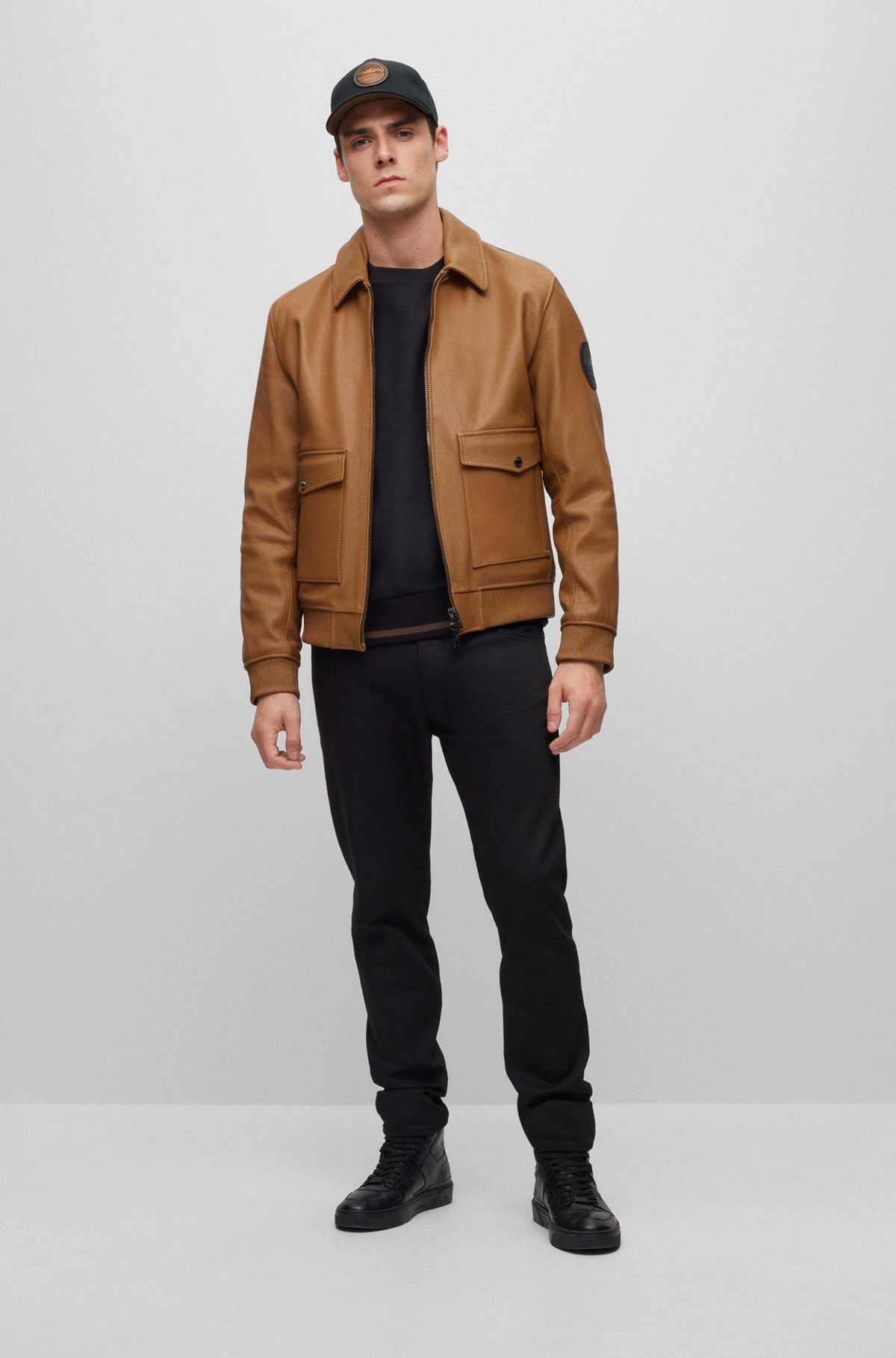 BOSS - Porsche x BOSS regular-fit jacket in goat leather - Brown BOSS - Porsche x BOSS regular-fit jacket in goat leather - Brown