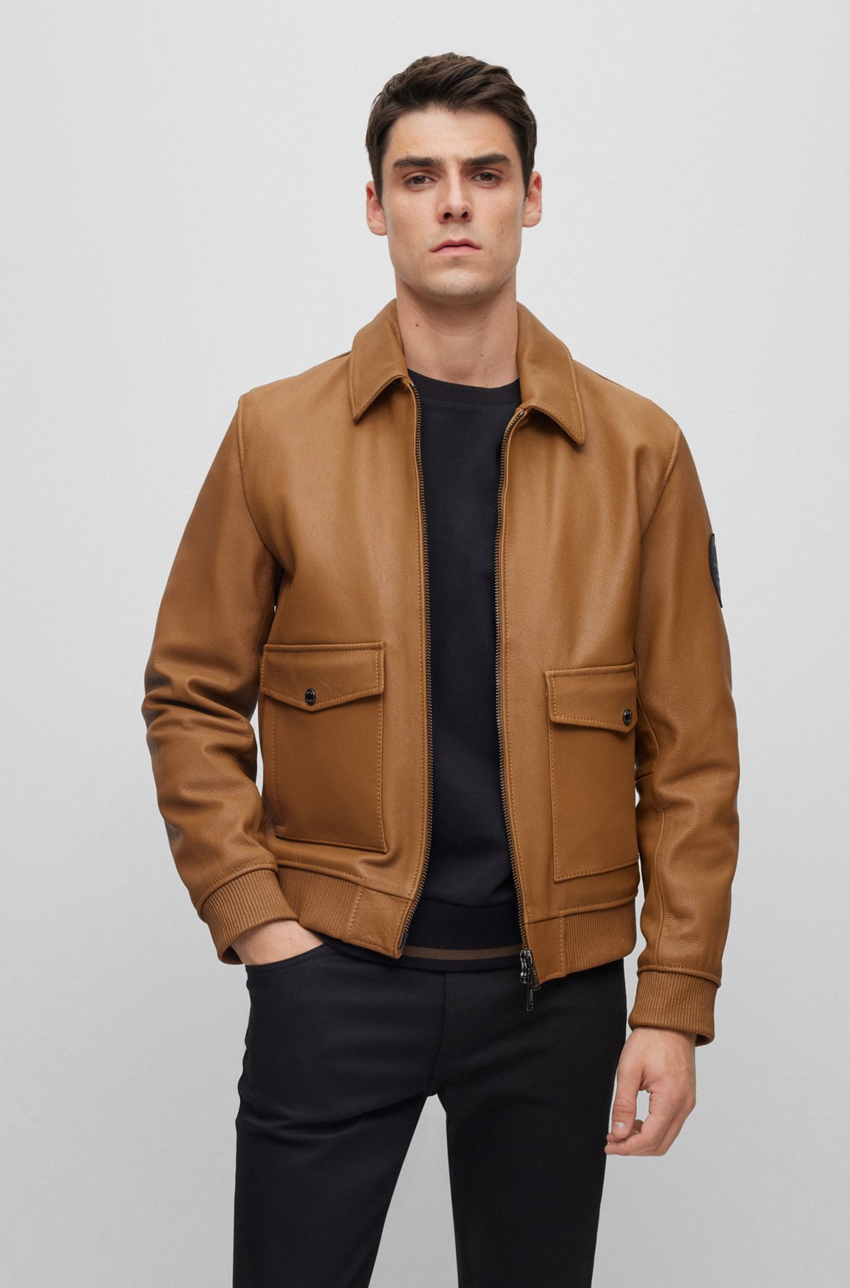 BOSS - Porsche x BOSS regular-fit jacket in goat leather - Brown BOSS - Porsche x BOSS regular-fit jacket in goat leather - Brown