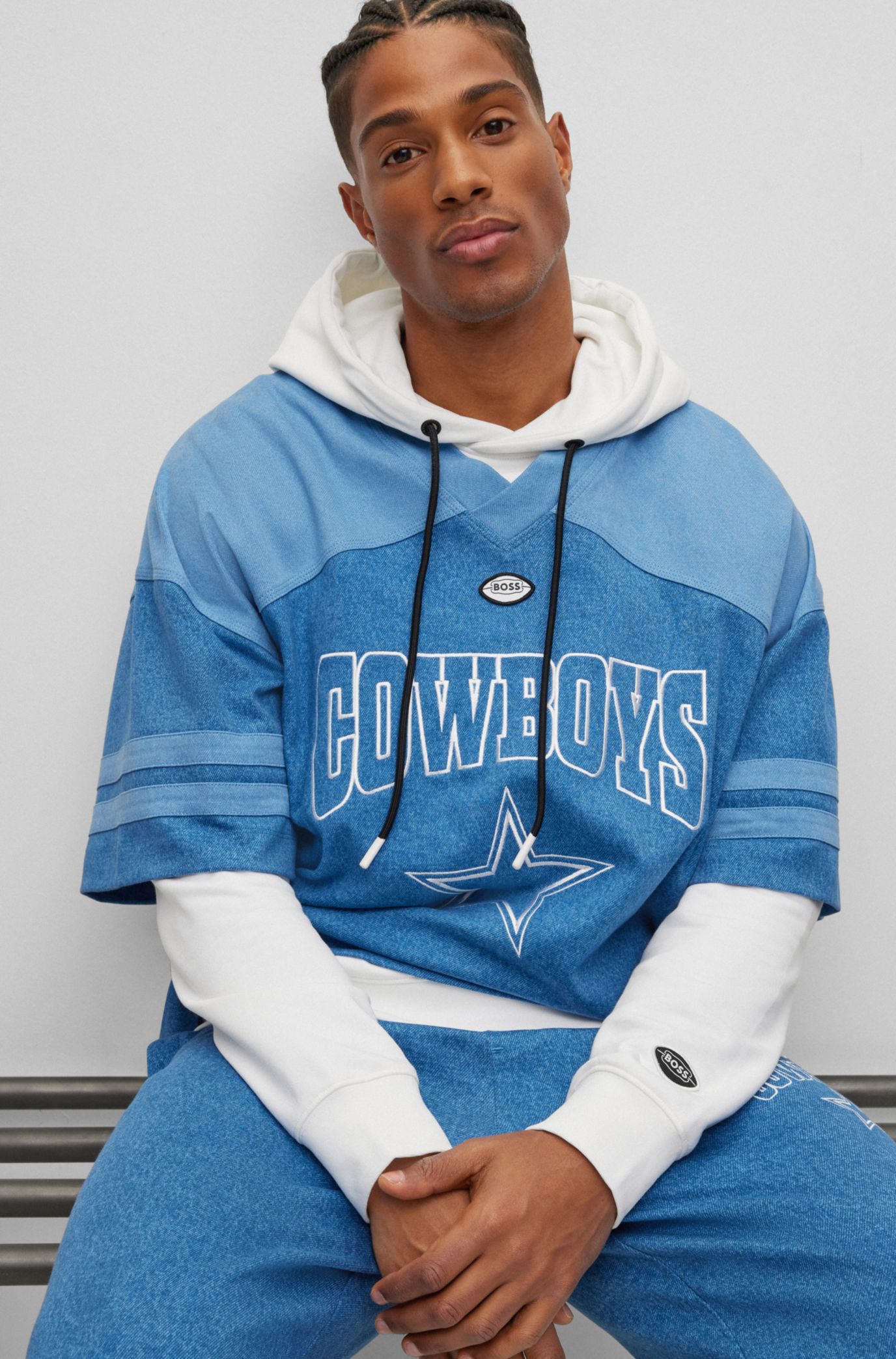 BOSS - BOSS x NFL oversize-fit tracksuit bottoms in denim-look cotton