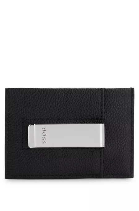 Brass money clip with card holder in grained leather