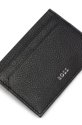 Brass money clip with card holder in grained leather, Black