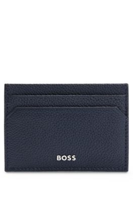 Hugo Boss Brass Money Clip With Card Holder In Grained Leather In Dark Blue
