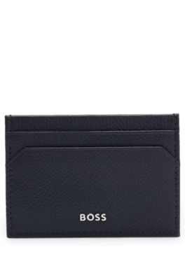 Shop Hugo Boss Grained-leather Card Holder With Logo Lettering In Grey