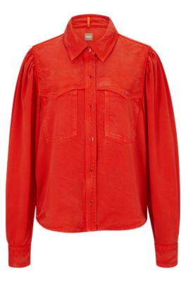 Shop Hugo Boss Regular-fit Blouse With Popper Closures And Point Collar In Orange