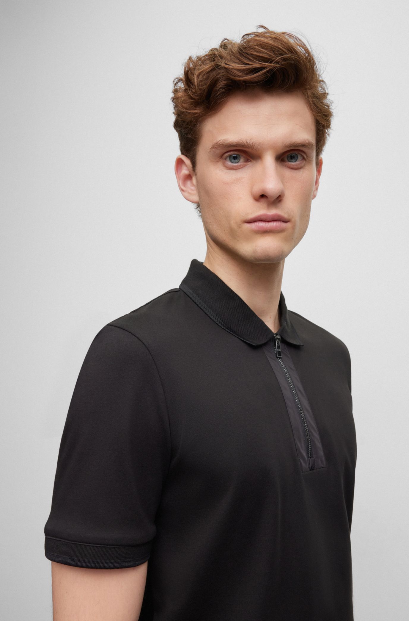 BOSS - Mercerized-cotton polo shirt with zip placket