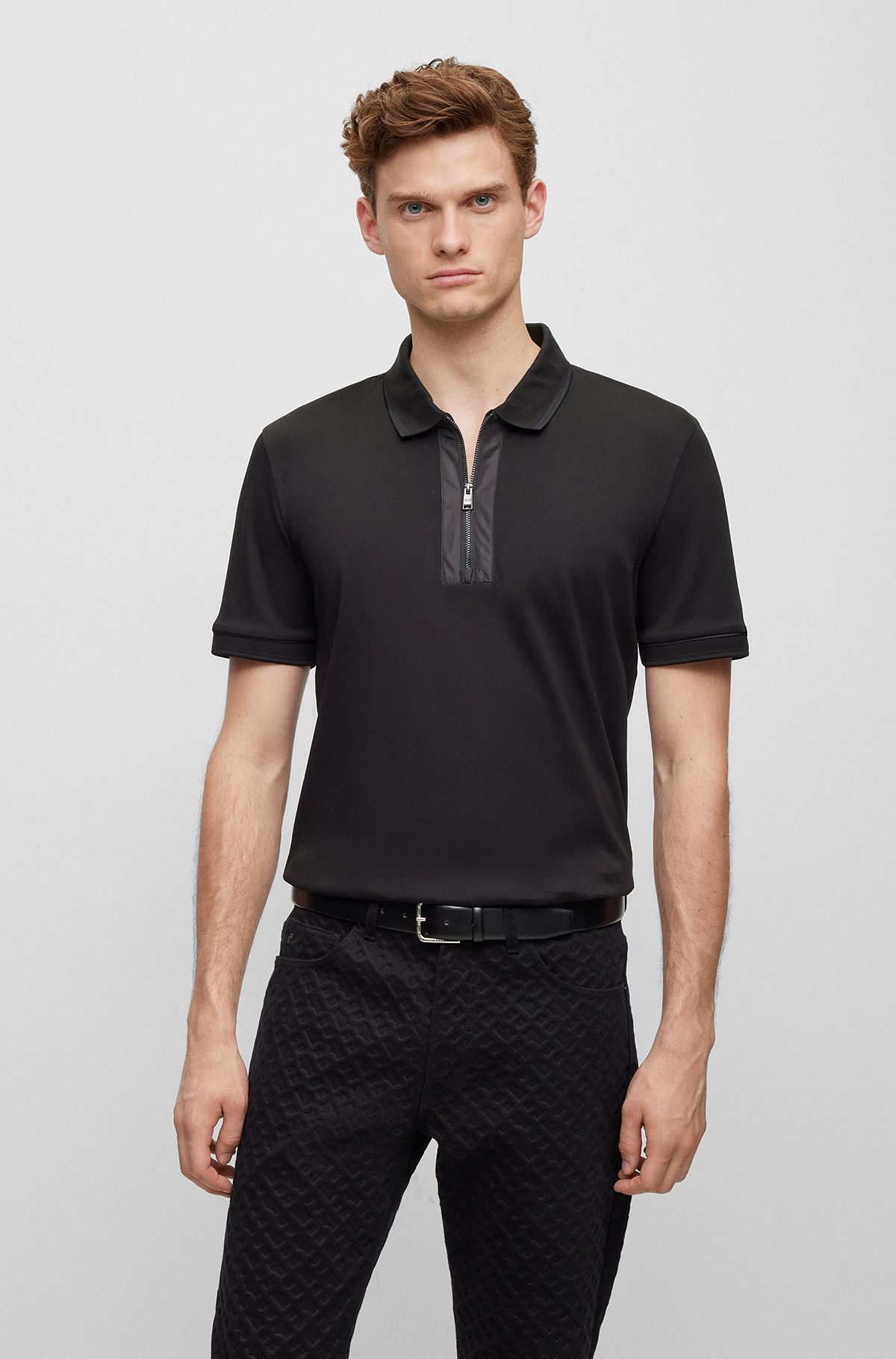Mercerized-cotton polo shirt with zip placket, Black
